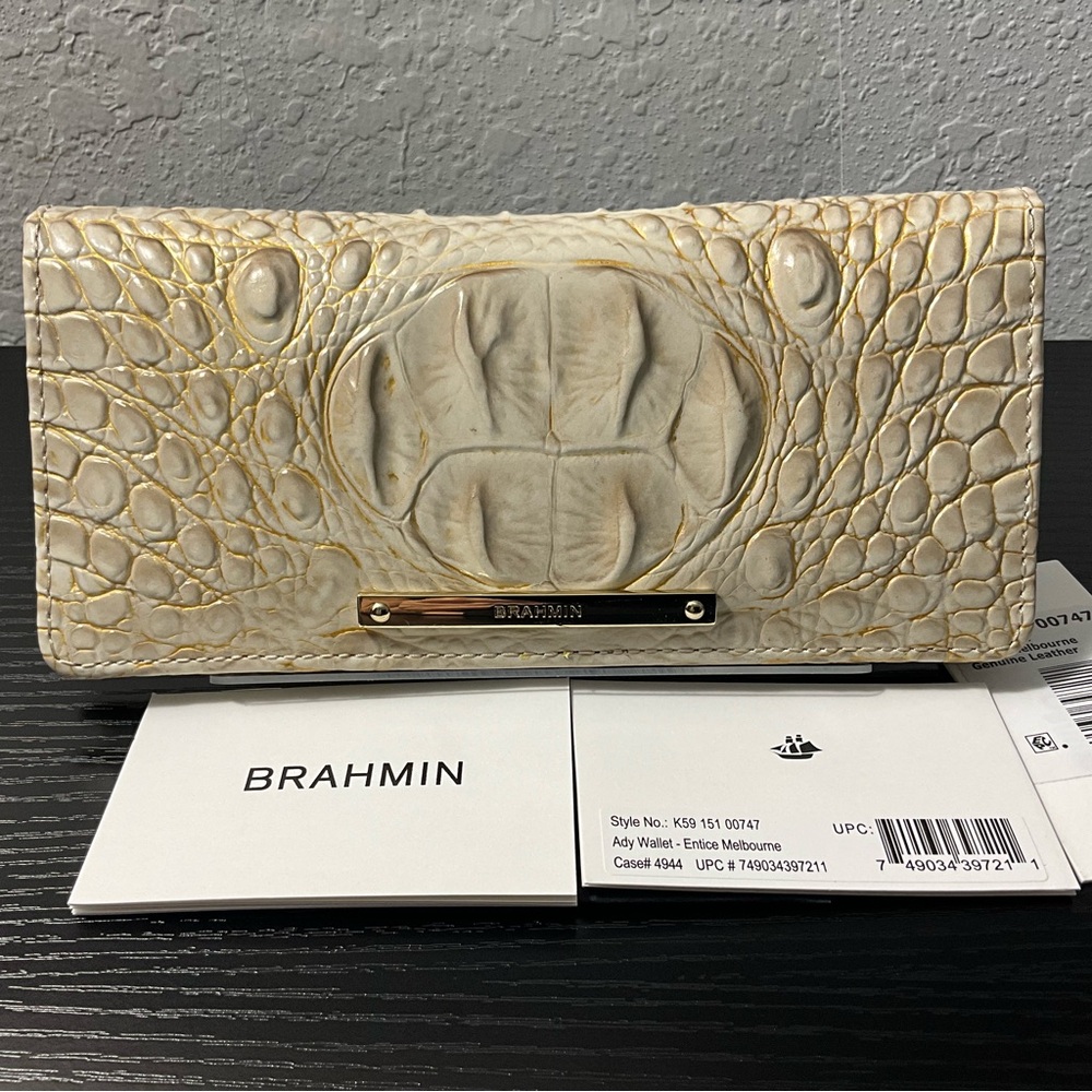 Brahmin Cream Croc-Embossed Continental Wallet with Gold Plate
